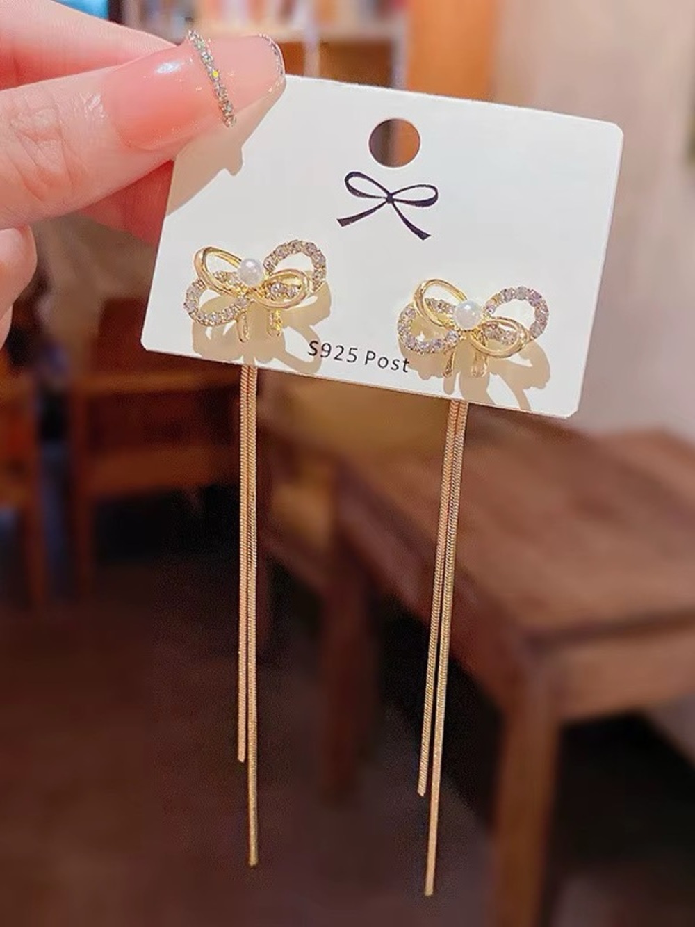 Gold Bow Drop Earrings with Pearl and Crystal Accents